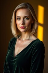 Fototapeta premium Elegant Woman Portrait in Green Velvet Dress