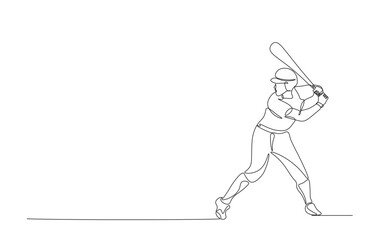 Continuous line drawing of baseball player hitting the ball. Baseball player in action simple outline illustration.