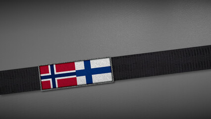 3D rendering of two flag from Norway and Finland on a dark band, symbolizing political relations, diplomacy, or conflict. simple, clean Gray background for focus, seriousness, formality