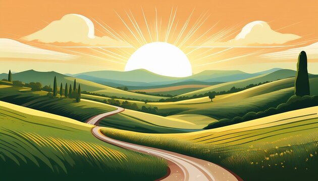 a minimalist  illustration of a serene countryside landscape at dawn with rolling hills and a winding road