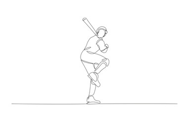 Continuous line drawing of baseball player hitting the ball. Baseball player in action simple outline illustration.
