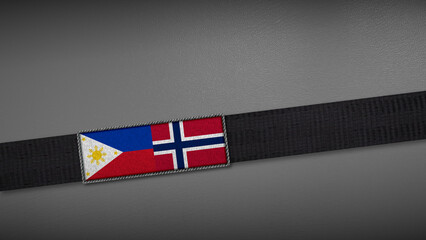 3D rendering of two flag from Philippines and Norway on a dark band, symbolizing political relations, diplomacy, or conflict. simple, clean Gray background for focus, seriousness, formality