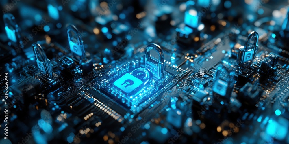 Aufkleber high-tech digital lock on microchip with glowing blue circuitry and security symbols representing da