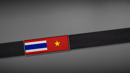 3D rendering of two flag from Thailand and Vietnam on a dark band, symbolizing political relations, diplomacy, or conflict. simple, clean Gray background for focus, seriousness, formality