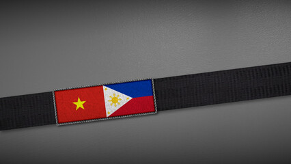 3D rendering of two flag from Vietnam and Philippines on a dark band, symbolizing political relations, diplomacy, or conflict. simple, clean Gray background for focus, seriousness, formality