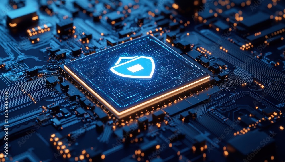 Poster high-tech digital security concept with shield symbol on microchip in blue circuit board background 