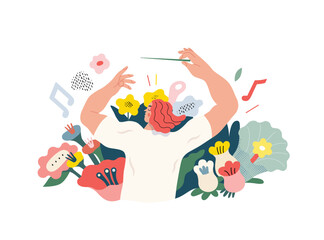 Life Unframed: Flower orchestra -modern flat vector concept illustration of symphony conductor, bloom music. Metaphor of unpredictability, imagination, whimsy, existence cycle, play, growth, discovery © grivina