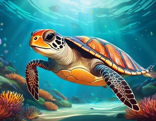 a cartoon sea turtle swims underwater