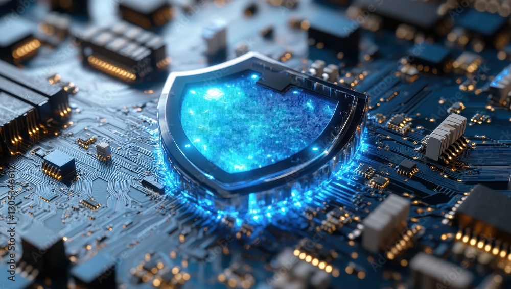 Poster high-tech digital shield symbol on circuit board representing cybersecurity protection and data secu