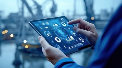 Tablet usage in industrial settings offshore docks digital interface evening close-up technology impact