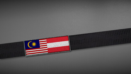 3D rendering of two flag from Malaysia and Austria on a dark band, symbolizing political relations, diplomacy, or conflict. simple, clean Gray background for focus, seriousness, formality