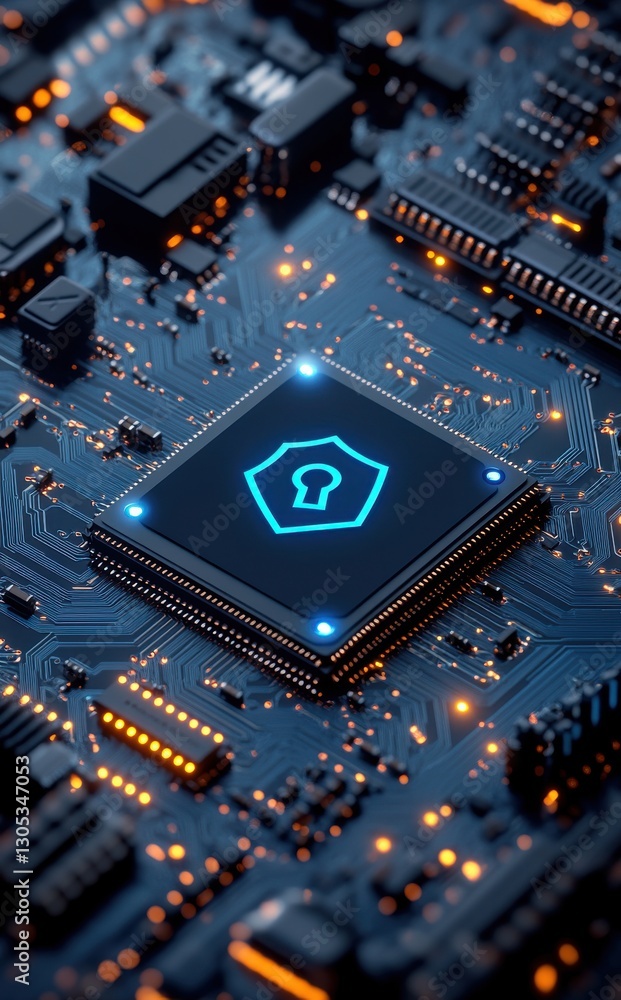 Poster high-tech microchip with security shield symbol on intricate circuit board showcasing advanced techn