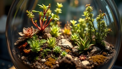 A vibrant terrarium featuring a variety of succulents and stones, creating a miniature indoor garden full of life and color.  