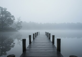 Naklejka premium A foggy morning lake with a wooden dock and misty atmosphere.