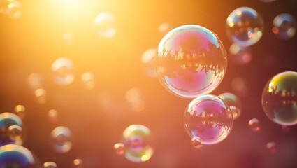 A photograph of a cluster of soap bubbles floating in the air, illuminated by a bright, golden light. 