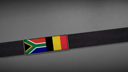 3D rendering of two flag from South Africa and Belgium on a dark band, symbolizing political relations, diplomacy, or conflict. simple, clean Gray background for focus, seriousness, formality