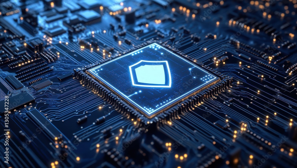 Poster high-tech microchip with shield symbol representing cybersecurity and data protection in modern digi