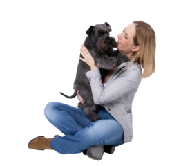 Young happy woman hugging her little schnauzer dog sitting on floor isolated over transparent background. PNG transparent
