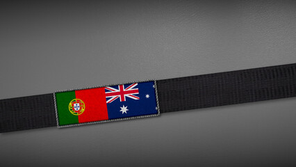 3D rendering of two flag from Portugal and Australia on a dark band, symbolizing political relations, diplomacy, or conflict. simple, clean Gray background for focus, seriousness, formality