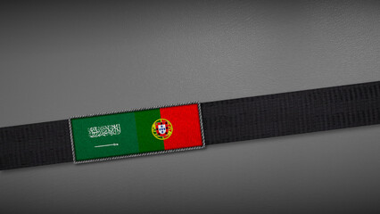 3D rendering of two flag from Saudi Arabia and Portugal on a dark band, symbolizing political relations, diplomacy, or conflict. simple, clean Gray background for focus, seriousness, formality