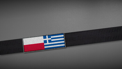 3D rendering of two flag from Poland and Greece on a dark band, symbolizing political relations, diplomacy, or conflict. simple, clean Gray background for focus, seriousness, formality