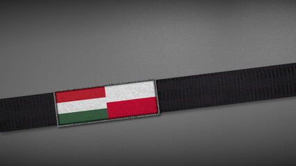 3D rendering of two flag from Hungary and Poland on a dark band, symbolizing political relations, diplomacy, or conflict. simple, clean Gray background for focus, seriousness, formality