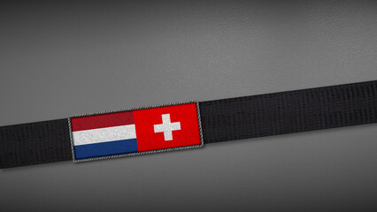 3D rendering of two flag from Netherlands and Switzerland on a dark band, symbolizing political relations, diplomacy, or conflict. simple, clean Gray background for focus, seriousness, formality