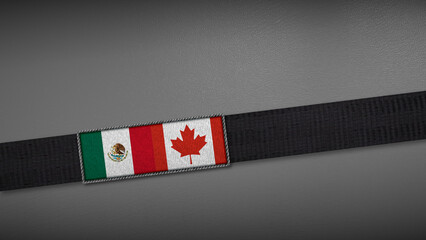 3D rendering of two flag from Mexico and Canada on a dark band, symbolizing political relations, diplomacy, or conflict. simple, clean Gray background for focus, seriousness, formality