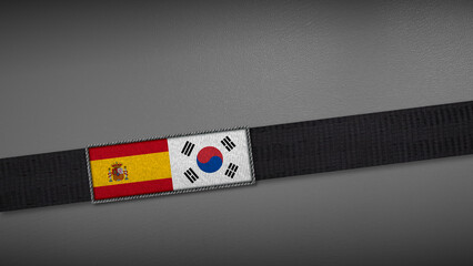 3D rendering of two flag from Spain and South Korea on a dark band, symbolizing political relations, diplomacy, or conflict. simple, clean Gray background for focus, seriousness, formality