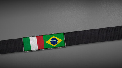 3D rendering of two flag from Italy and Brazil on a dark band, symbolizing political relations, diplomacy, or conflict. simple, clean Gray background for focus, seriousness, formality