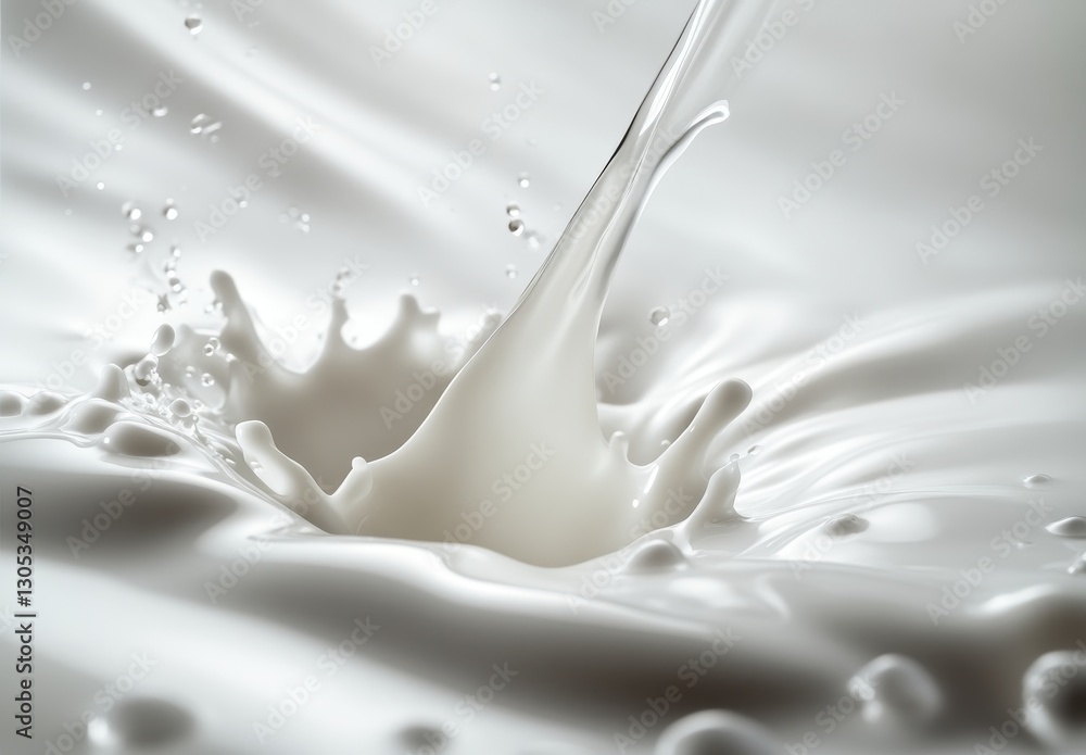 Poster liquid splashes of pure white milk creating dynamic waves and droplets against a soft, neutral backg