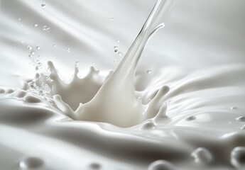 Liquid splashes of pure white milk creating dynamic waves and droplets against a soft, neutral background in a captivating abstract composition