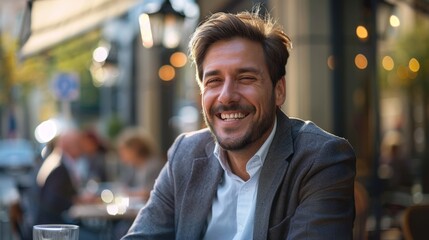 Fototapeta premium Joyful man enjoying a sunny day at a lively outdoor cafe with friends