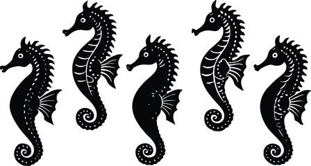 Seahorse Silhouettes with Decorative Details for Marine Life, Ocean, Nautical, and Underwater Design Themes