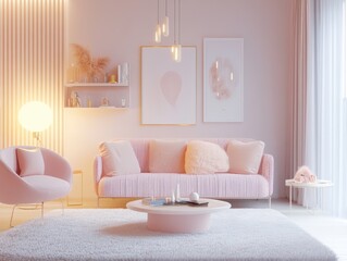A modern and stylish living room with soft pastel tones