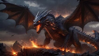 Majestic dragon emerges from fiery landscape under a dramatic stormy sky