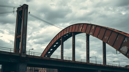 Fototapeta premium Modern steel bridge with a curved arch structure, set against a cloudy sky, showcasing urban engineering and connectivity in the city landscape. 