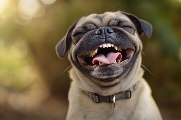 Obraz premium A charming pug with a huge grin showcases pure canine joy.