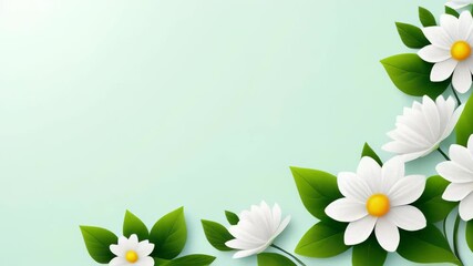 Bright white daisies and green leaves create a fresh atmosphere on a light pastel background in spring - Powered by Adobe