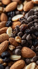 Close up of Brown Almonds Walnuts Raisins and Dark Chocolate Chips