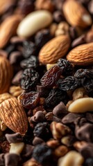 Fototapeta premium Close Up of Dark Brown Trail Mix with Almonds Raisins and Chocolate Chips