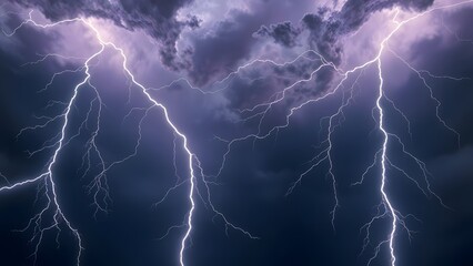 A dramatic display of lightning striking through dark storm clouds, showcasing the raw power and intensity of nature's electrical phenomena.  