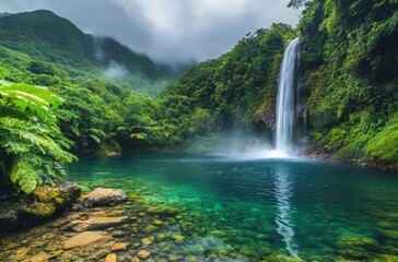 Fototapeta premium Lush Tropical Waterfall Surrounded by Dense Greenery and Clear Pool, Capturing the Beauty of Nature in a Serene Remote Location