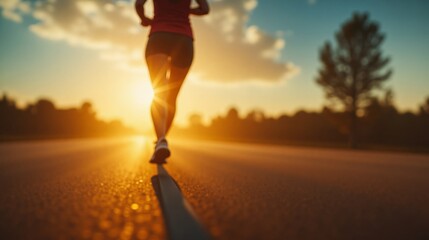 Fit woman jogging on a road at sunrise with vibrant golden light