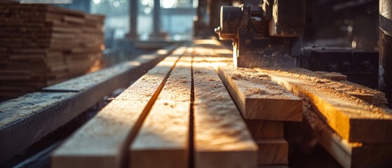 Sunlit wood planks lined up in a sawmill, with sawdust scattered, capture the essence of craftsmanship and construction.