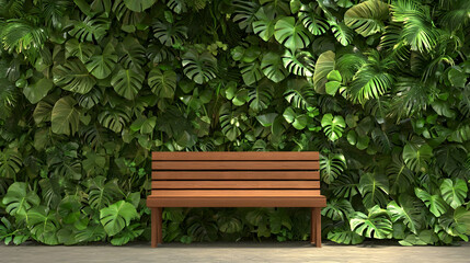 Naklejka premium Wooden Bench Surrounded by Lush Green Plants and Tropical Foliage