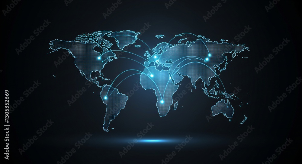 Poster global interconnected network on world map. worldwide data transfer, communication, and technology. 