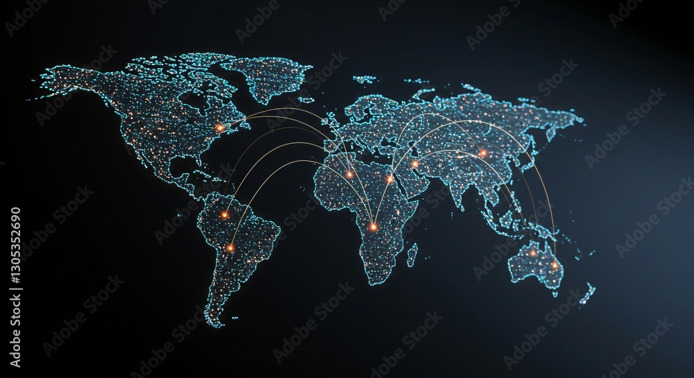 Poster global network connection on world map with glowing nodes. international communication and global bu
