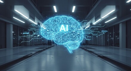 Artificial intelligence brain neural network concept. Digital AI brain hologram, machine learning, data processing in future blue server room. Modern technology.