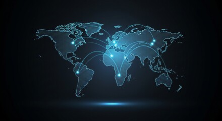 Global interconnected network on world map. Worldwide data transfer, communication, and technology. International business with connected dots and lines